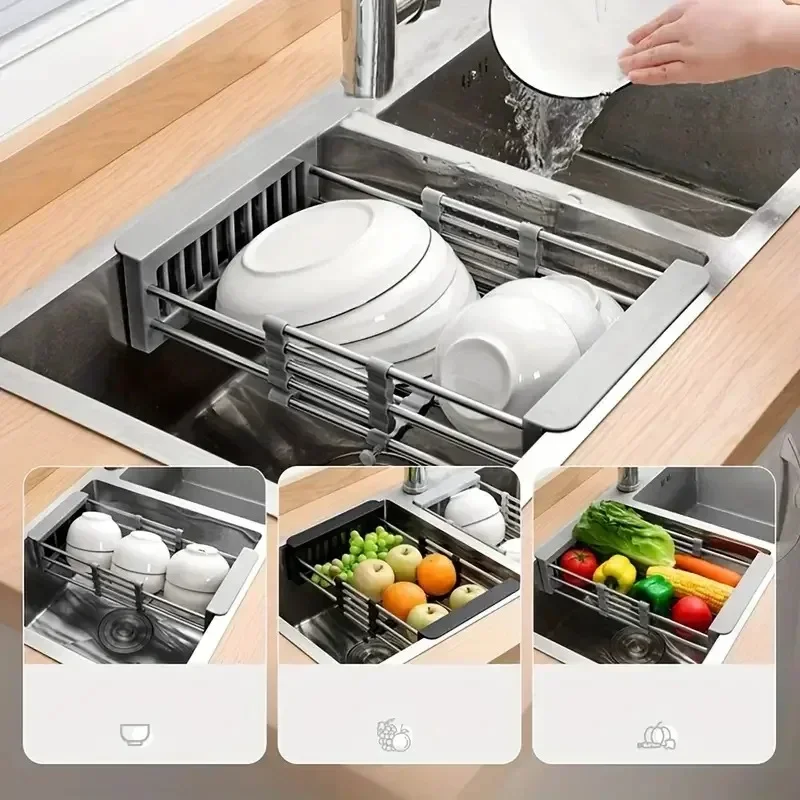 Kitchen Sink Drain Rack Dish Drain Rack Scalable Stainless Steel Drain Basket Folding Drainage Rack Kitchen Washing Dishes