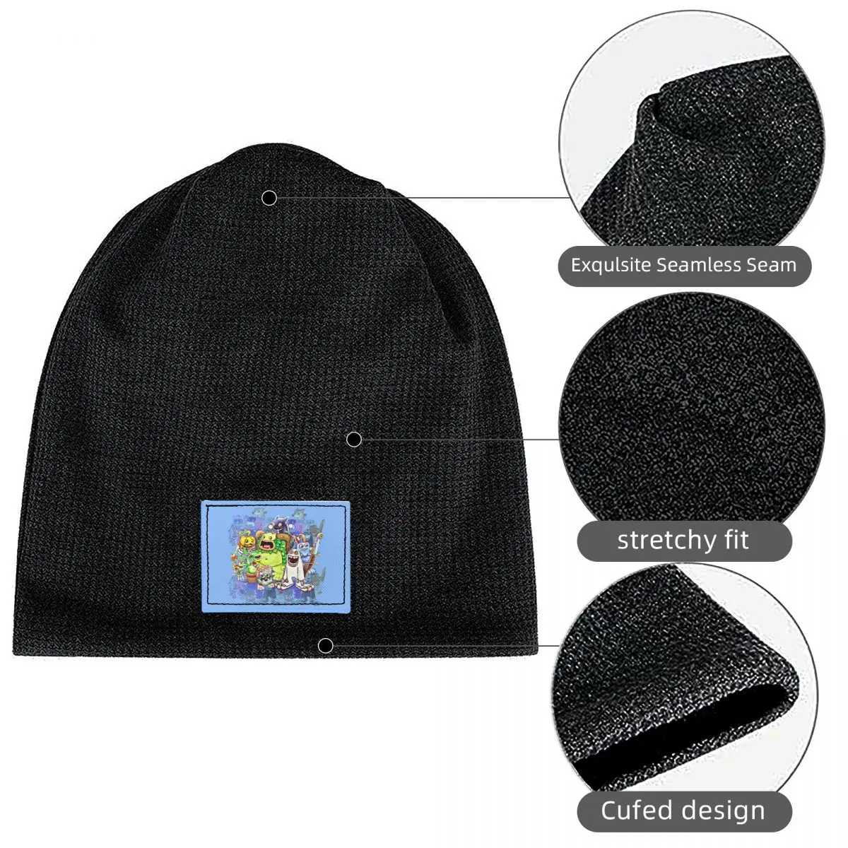 My Singing Monsters Characters Waffle Knit Fleece Lined Beanie with PU Leather Patch Unisex Warm Winter Soft Cap