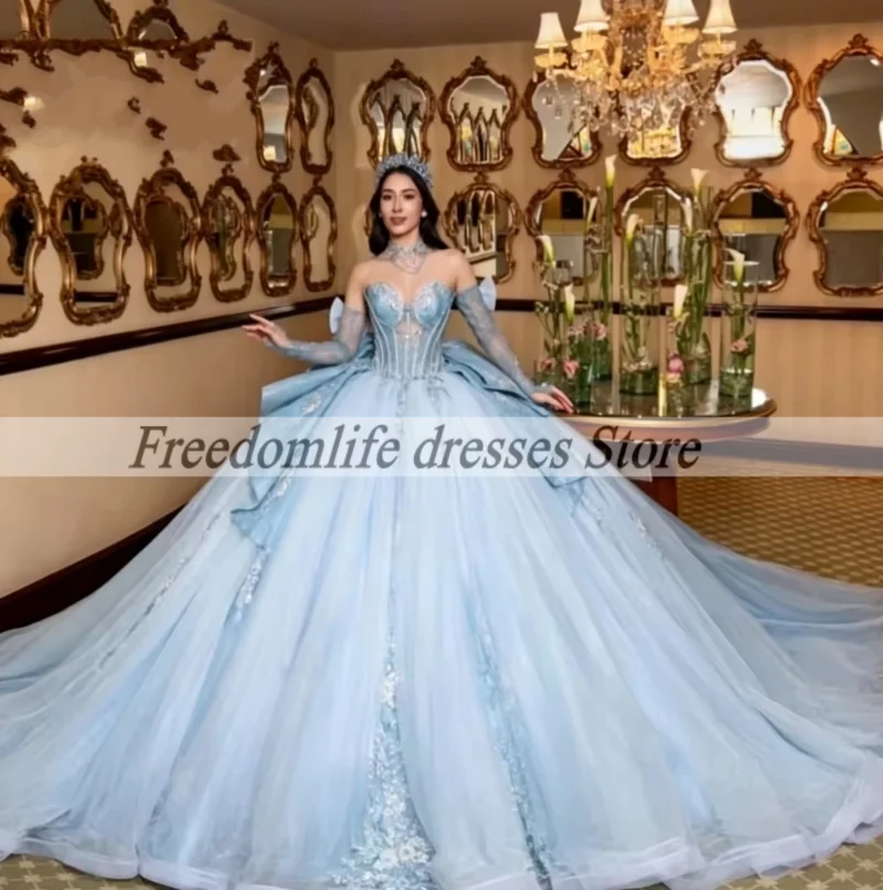 Romantic Sky Blue Quinceanera Dresses Charming Ball Gown Sleeveless Applique Bow For Women Vestidos De 15 Años Customized