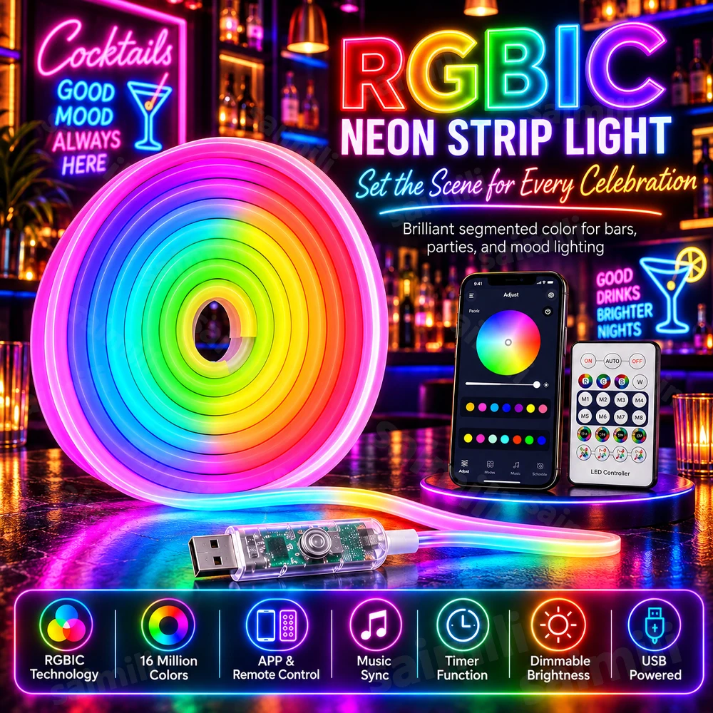 Music Sync RGBIC Neon Strip Light Flexible USB LED Flexible Silicone Neon Rope APP & IR Remote Control For DIY Wall Decor Lamp
