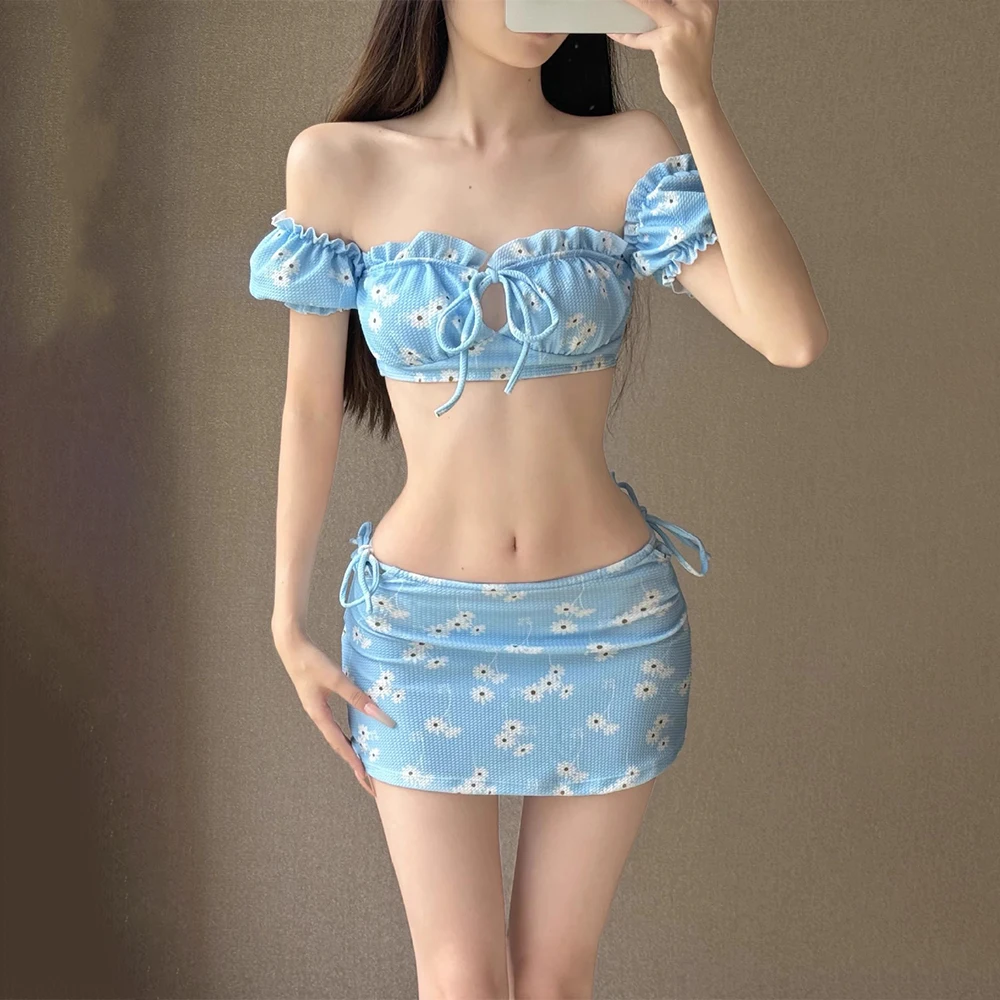 3Pcs Girl's Bikini Set New Daisy Print Off Shoulder with Wrap Skirt Swimwear for Women Beach Vacation Photoshoot Pool Party