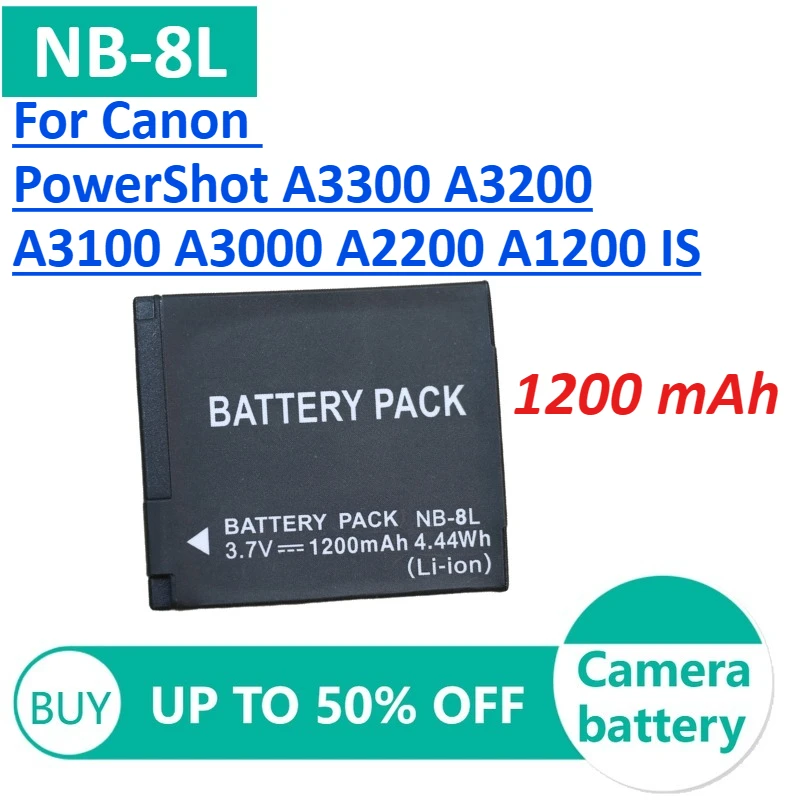 

1800mAh NB-8L Li-ion Digital Camera Battery for Canon PowerShot A3300 A3200 A3100 A3000 A2200 A1200 IS 3.7V Replacement Battery