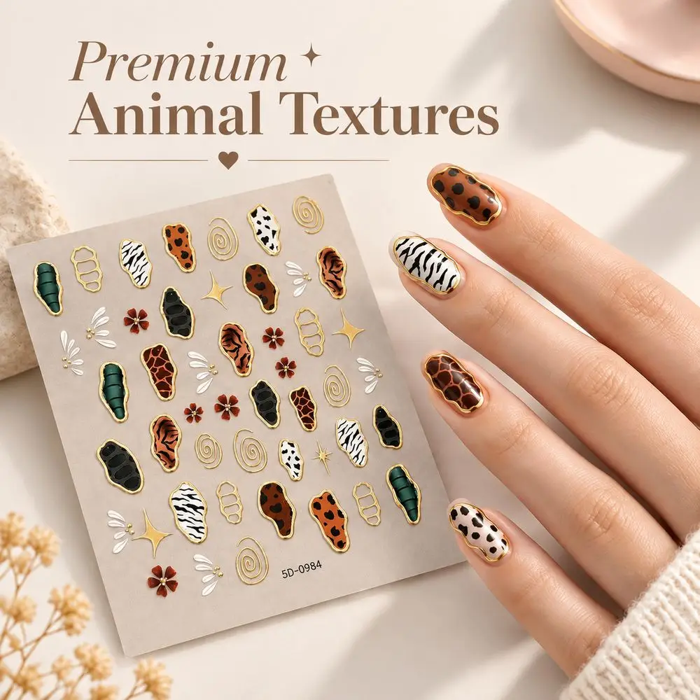 1Pc Nail Sticker Rustic Boho 5D Embossed Leopard Print Self-Adhesive Gold Rim Zebra Cow Swirl Shape DIY Nail Art Decor Kit