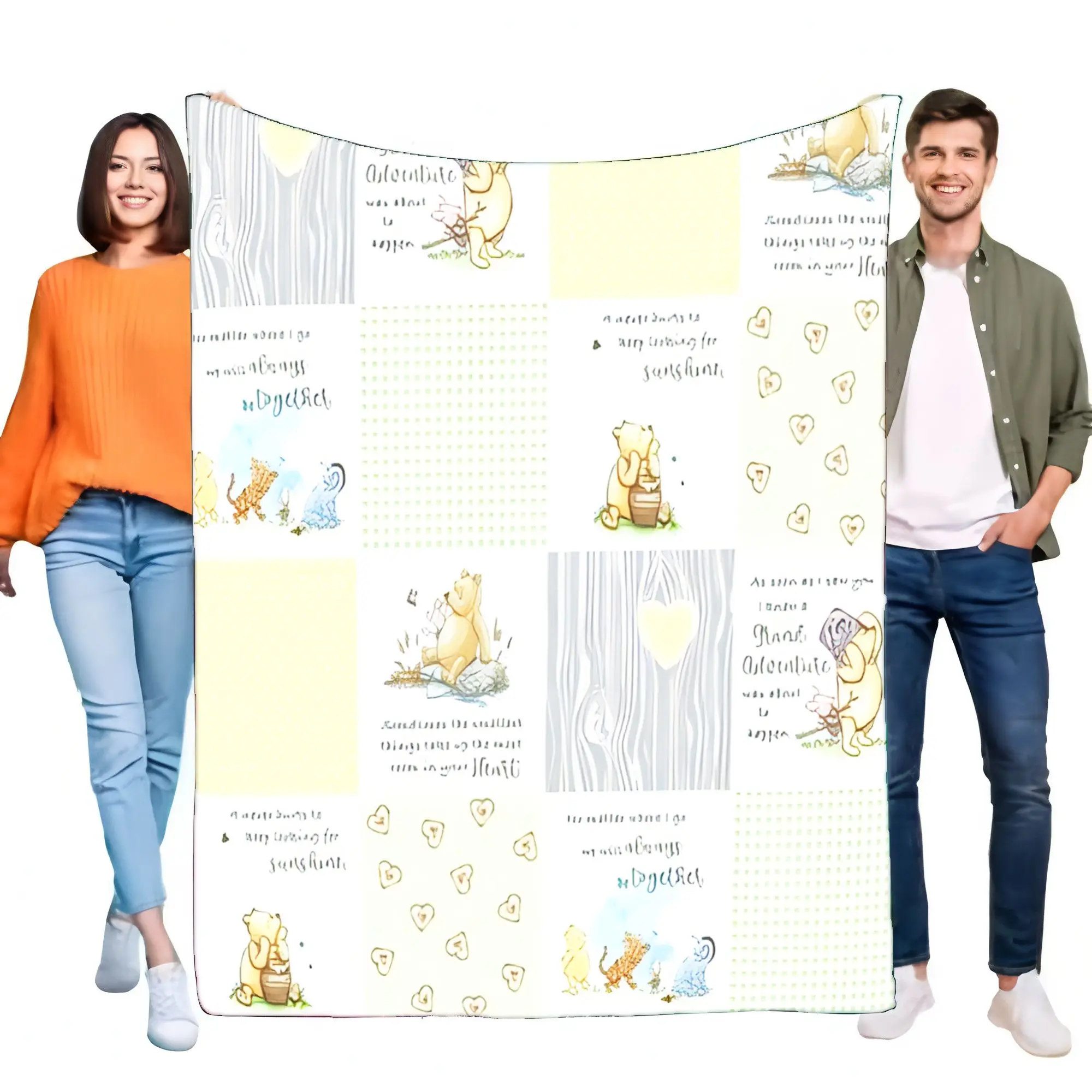 Winnie the Pooh Colorful Patchwork Blanket Cozy Soft Throw for Baby Nursery, Features Pooh, Piglet & Eeyore with Whimsical Phras
