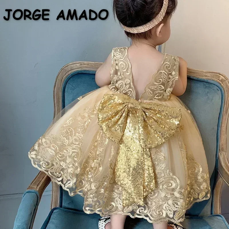 2024 Baby Girls Party Dress Sleeveless Champagne Embroidery Princess Dress with Headband Wedding Perform Birthday E8557