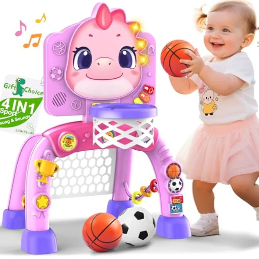 

Basketball Hoop Toys for Toddlers: Dinosaur Activity Center with Lights Music - Indoor Sports Skills Development - 6 12 18 24+