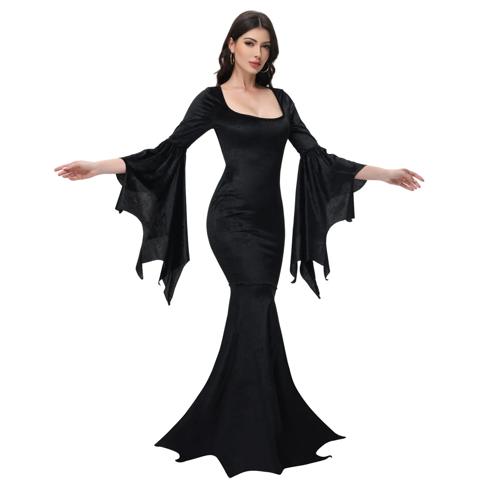 [أنت سري] فستان عائلي من Morticia Adams Primate باللون الأسود فستان ذيل السمكة القوطي بأكمام واسعة فستان ضيق