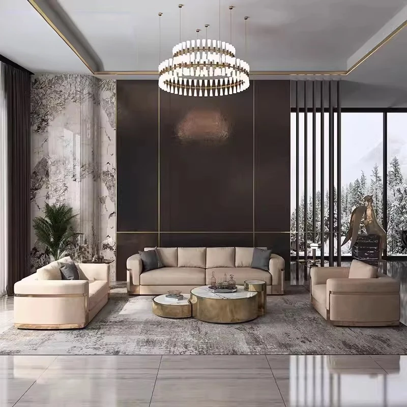 Italian style light luxury modern simple leather sofa set matte fabric new style large apartment villa wood sponge