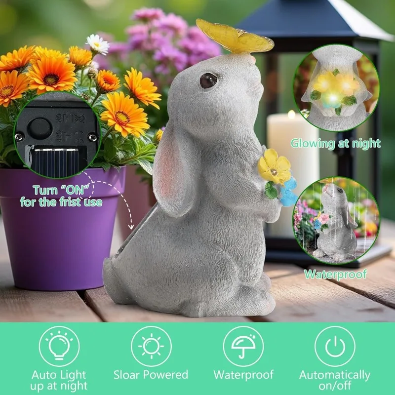 Figura de conejo de resina con energía solar y luz LED cálida, ecológica, impermeable, resistente a la intemperie, estatua de animal con iluminación nocturna automática, adorno para jardín, césped, patio, terraza, decoración de paisaje al aire libre, regalo