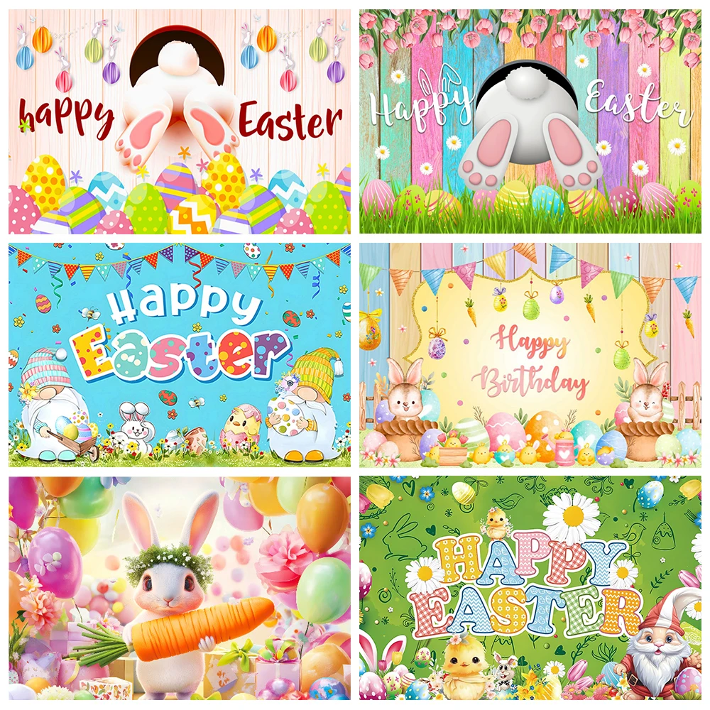 

Happy Easter Backdrop Wooden Door Rabbit Eggs Floral Baby Photography Background Easter Party Decoration Banner Photo Booth Prop