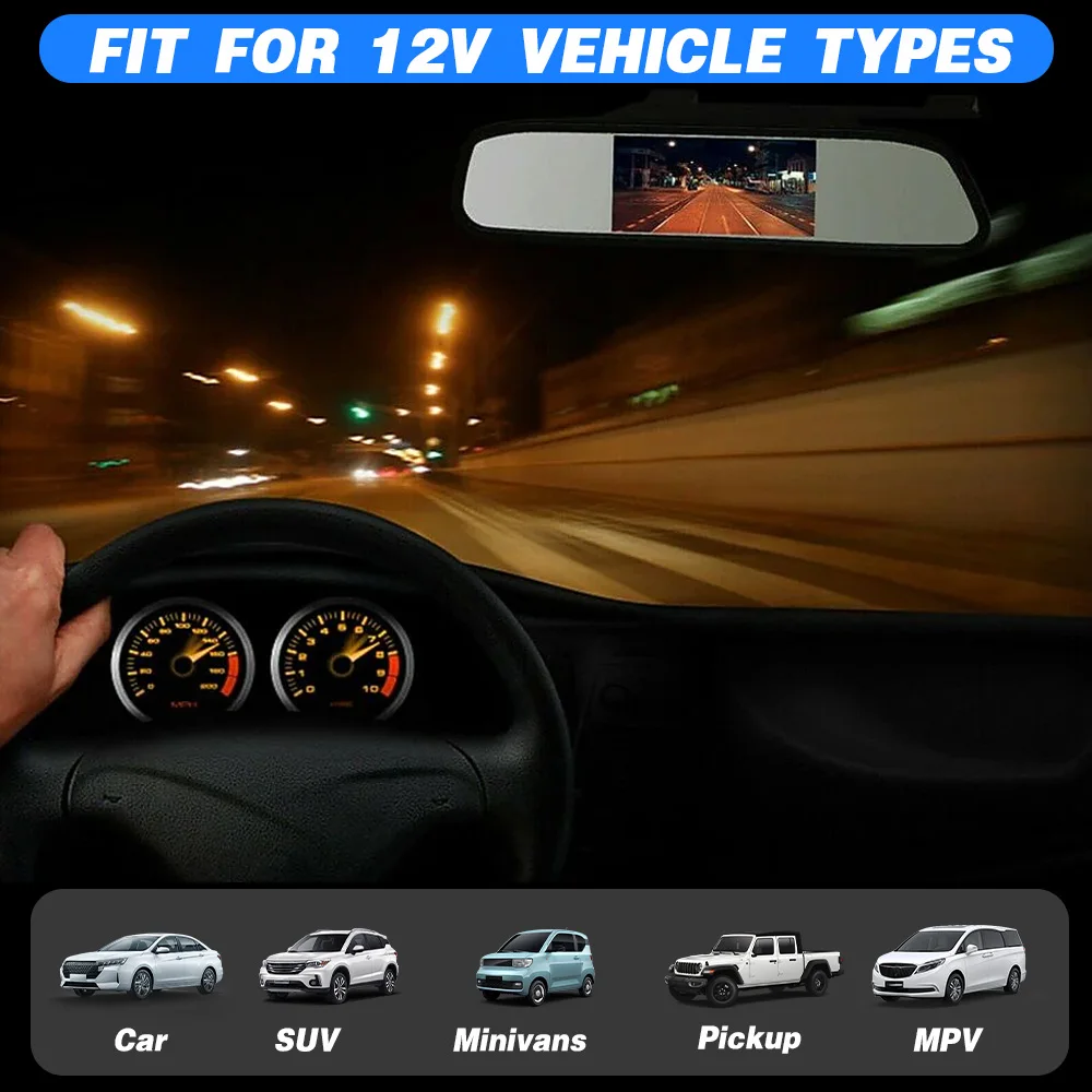 2-in-1-Rückfahrkamera, Rückspiegelmonitor, 4,3 Zoll, Plug-and-Play, einfache Montage, Nachtsicht-Rückfahrkamera für PKW, LKW, SUV