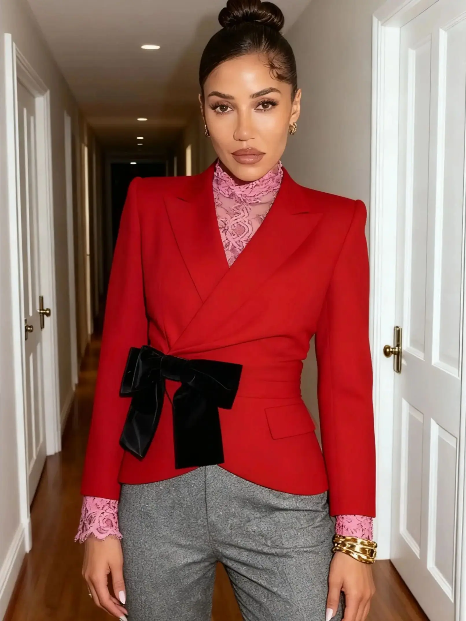 

Cutenew Bow Christmas T-Shirt Women Classic Patchwork Autumn Trend Cross V-Neck Simple Christmas Full Sleeve Elegant Blazers