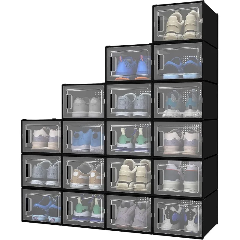 Large 18 Pack Shoe Storage Boxes, Plastic Stackable Shoe Storage Organizer for Closet, Fit up to US Size 13, Foldable Shoe Rack