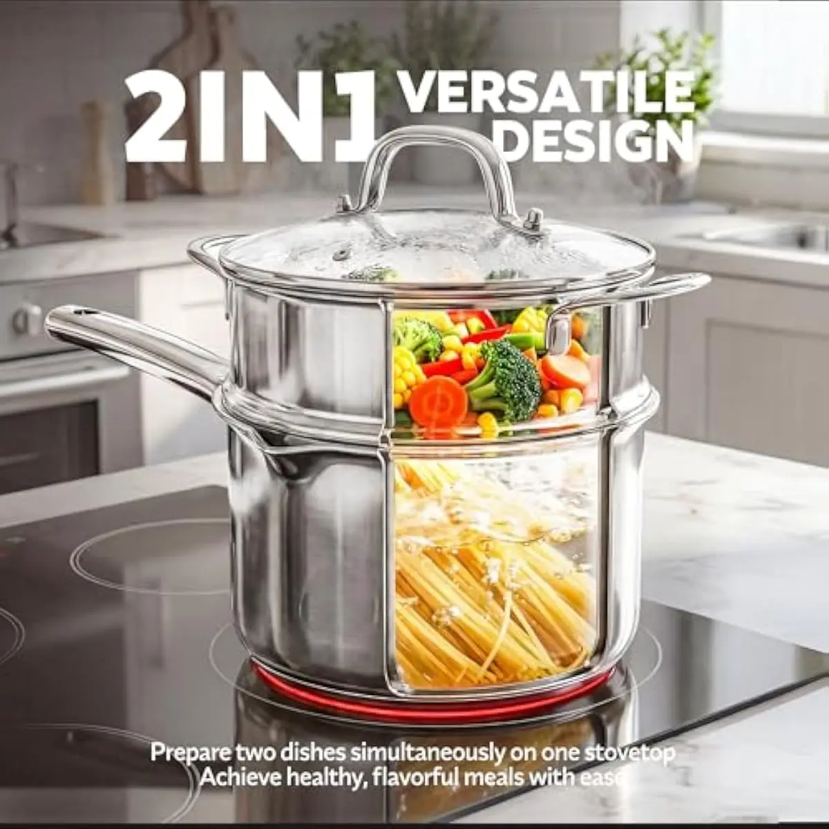 3.5 QT fully clad stainless steel saucepan with steaming insert for simultaneous boiling and steaming — tri-ply construction fea