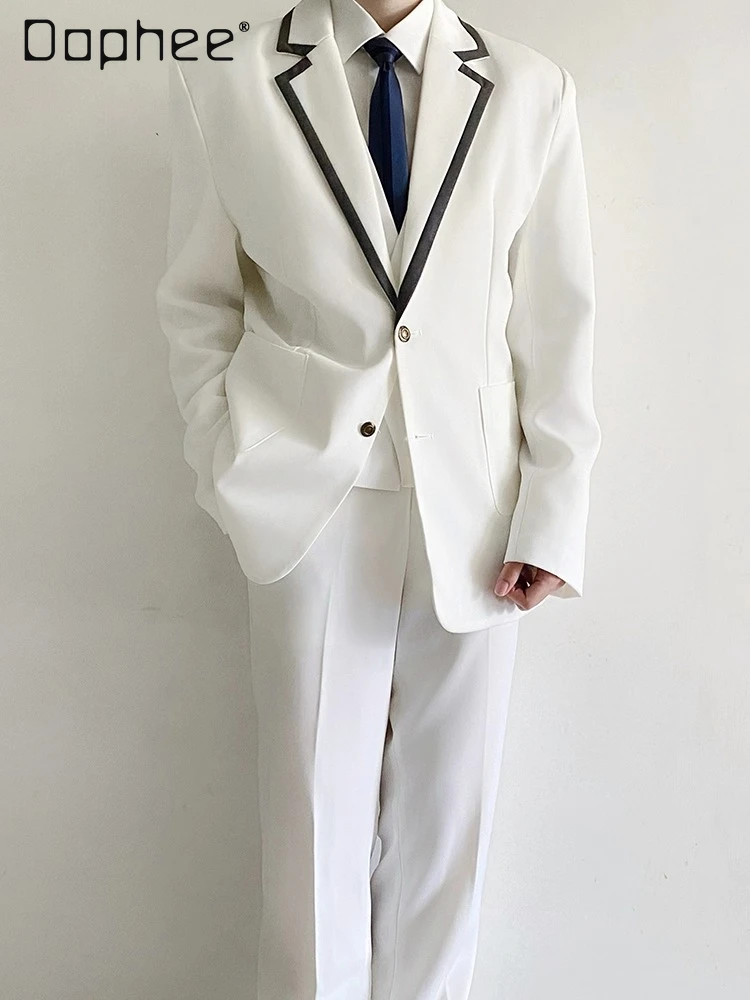 

2025 Men's White Lapel Long Sleeve Single-Breasted Suit Set College Style Casual Black Gray Suit Pants Vest Three-Piece Set
