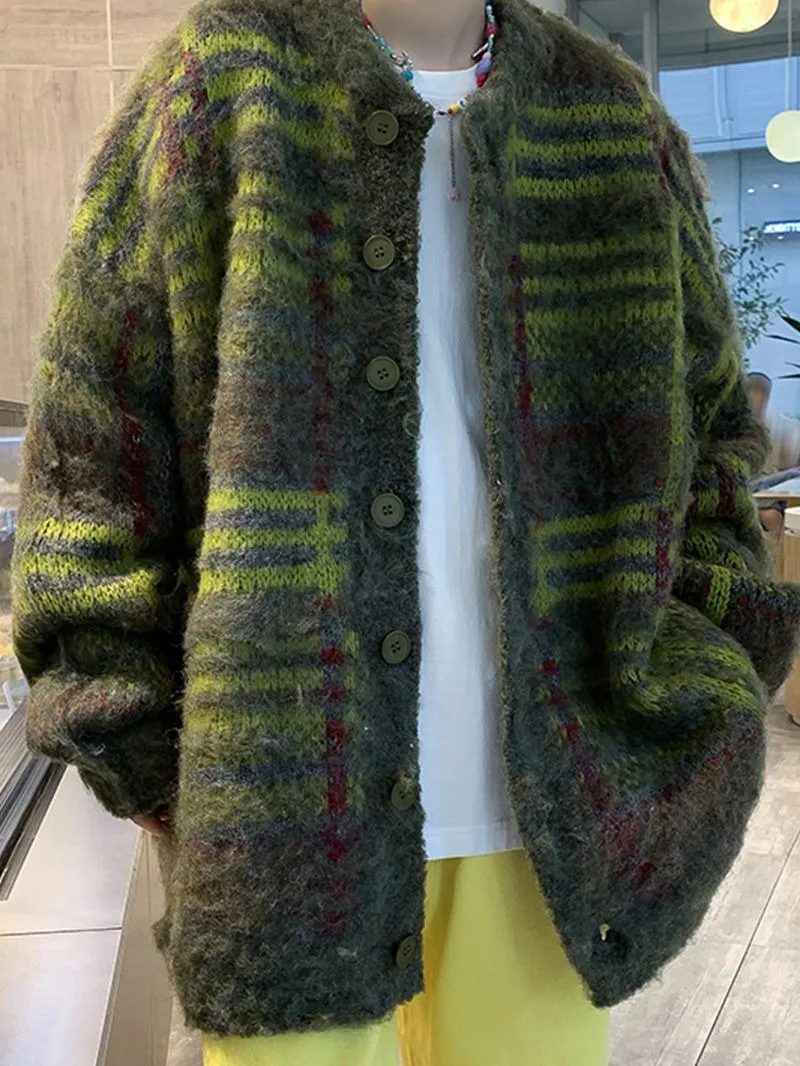 

Осенний корейский модный полосатый кардиган, свитер для мужчин, винтажный повседневный трикотаж на пуговицах, уличные мешковатые свитера, куртка