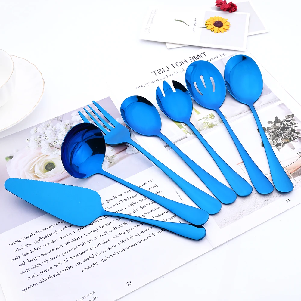 Blue Cutlery Set Soup Spoon Colander Spoon Service Spoon Fork Cake Spatula Dinnerware Set Stainless Steel Kitchen Tableware Set