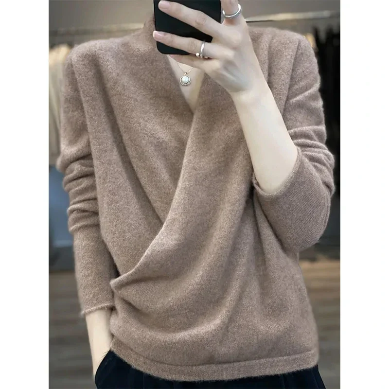 2024 Autumn Fashion Tops 100% Pure Wool Knitted Sweaters Women V-neck Long Sleeve Cashmere Knitwear Winter New Female Jumpers