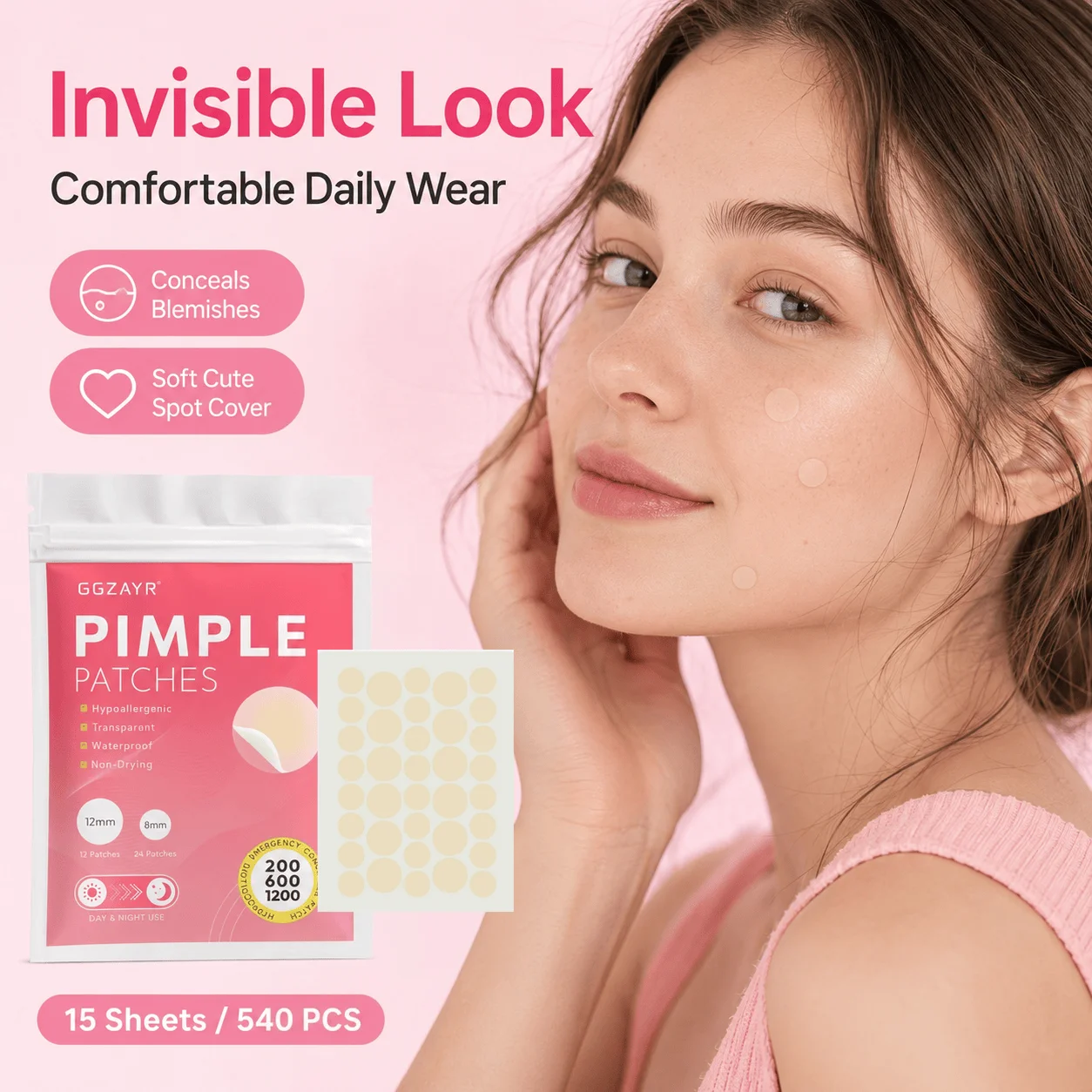 540Pcs 15 Sheets Skin Tone Face Spot Covers, Invisible Round Facial Stickers in 2 Sizes for Day and Night Beauty Care