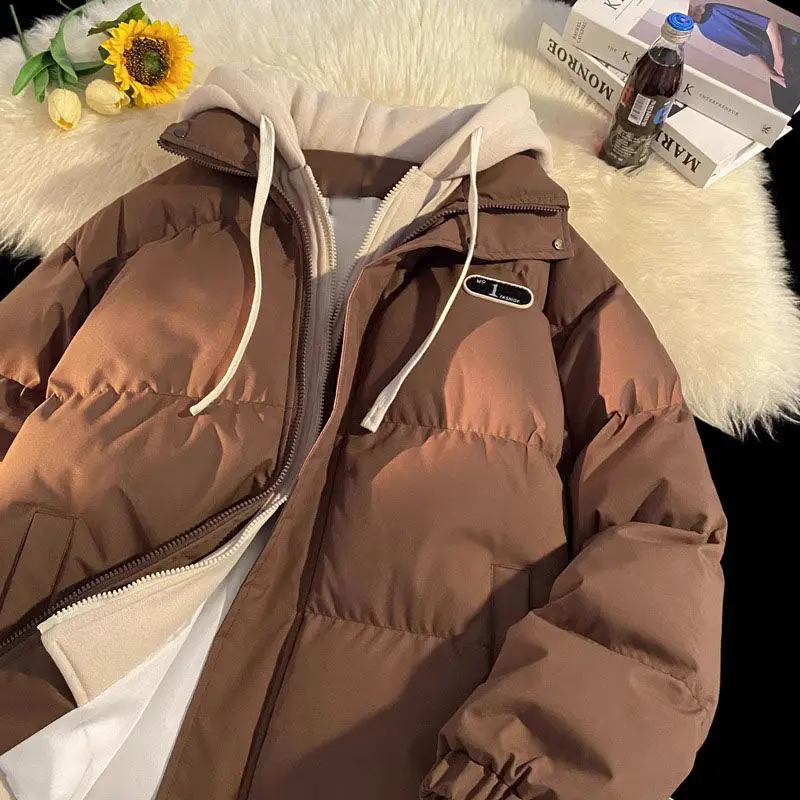 Dámská zahušťovací kapuce s falešnou dvoudílnou bavlněnou prošívanou kabátem podzim/zima zip kontrastní barevná bunda streetwear unisex svrchní oblečení - náhled 5