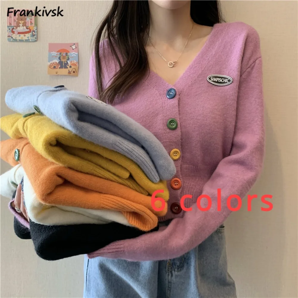 Colorful Button Cardigan for Women Long Sleeve Soft Skin-friendly Knitted V-neck Tops New Lovely Korean Style Students Letter