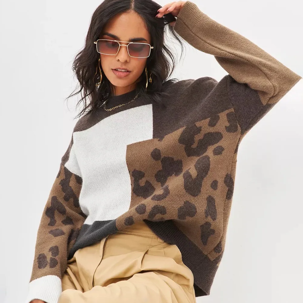 Vintage Lazy Weekend Spliced Leopard Print Knitted Women's Round Neck Loose Long Sleeve Warm Cozy Autumn Winter Fashion Crewneck