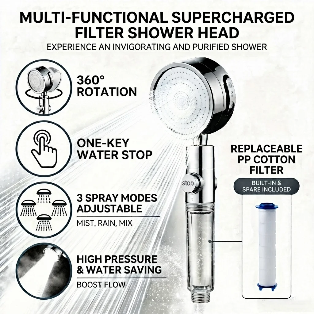 1pc Supercharged Filtered Shower Head 3‑Speed Adjustable High‑Pressure Bath Shower Head Angle Adjustable Nozzle