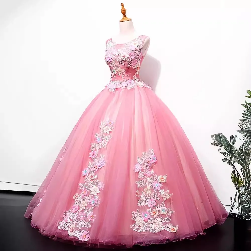 Dostosowane różowa suknia balowa sukienki na Quinceanera aplikacje tiulowe balowe suknie na przyjęcie urodzinowe formalna okazja Vestido De Noche