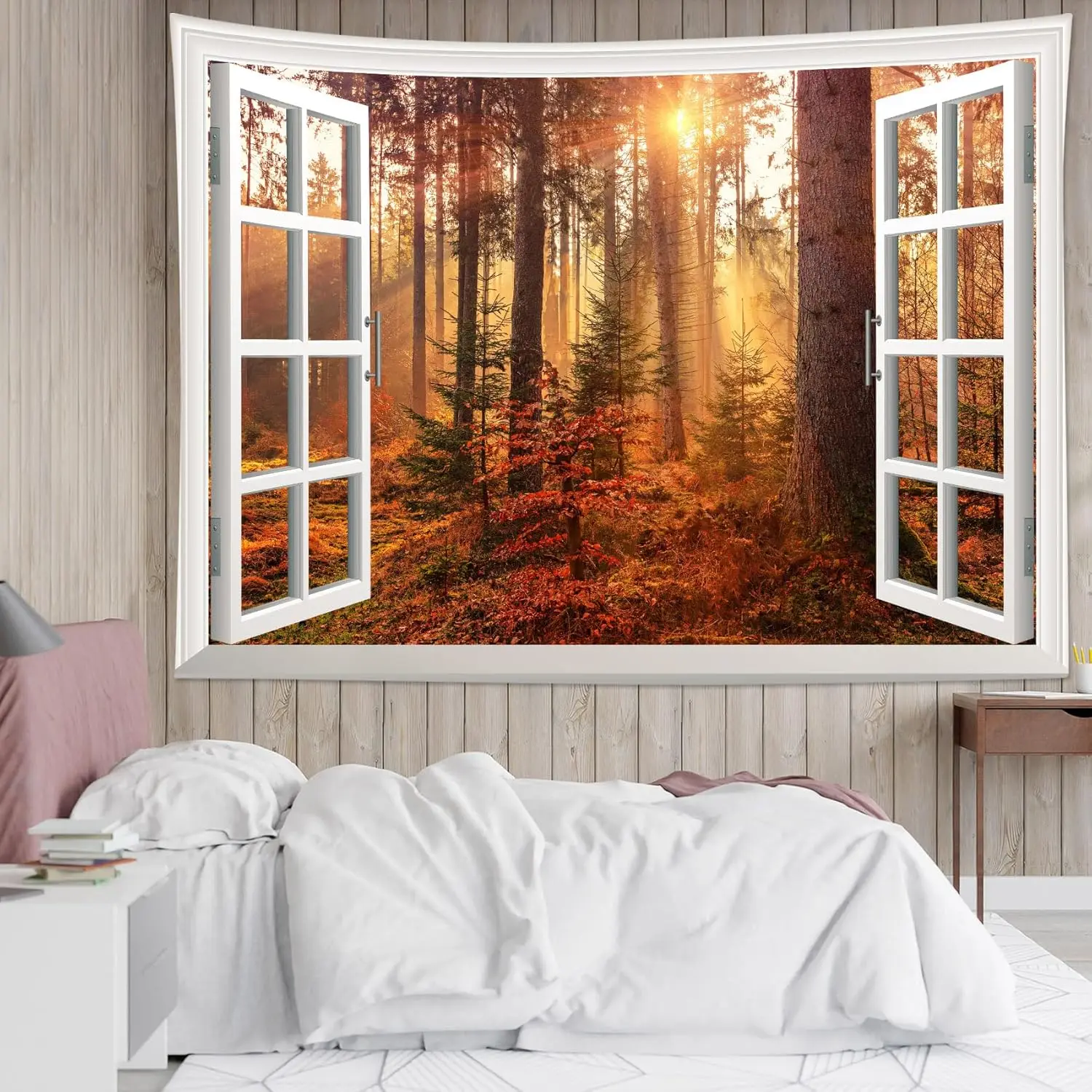 Fall Tapestry Wall Hanging Autumn Maple Tree Misty Forest Tapestries Natural Scenery Outside Window Tapestry for Living Room