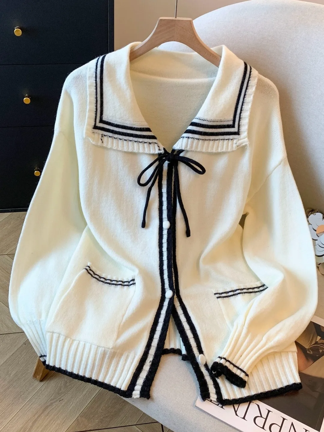 V-ne camisola de malha casaco feminino solto sle emagrecimento outono faion retro faculdade pré-encomenda auto-compra outerwear