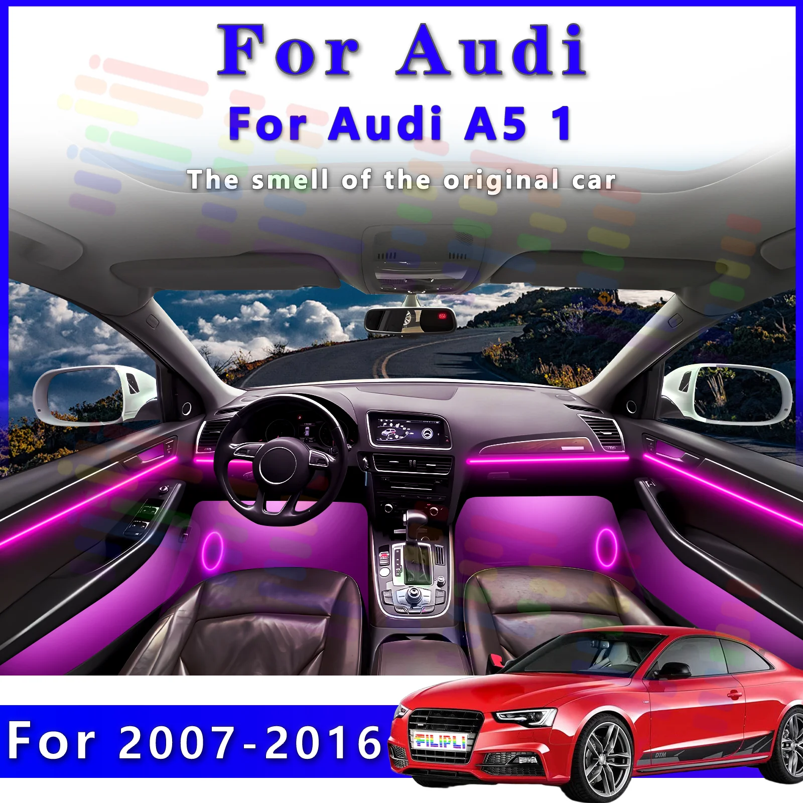For Audi A5 2007-2016 Sleek Concealed Acrylic Car Interior Ambient Lighting Strips RGB APP-controlled Glow LED