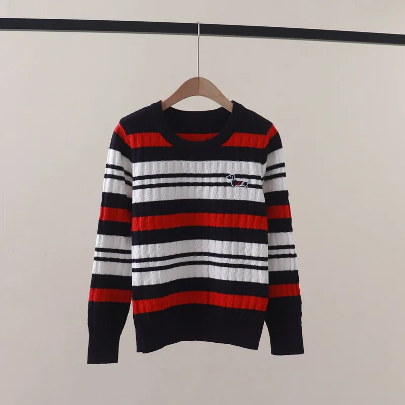 

Knitted sweater base sweater contrasting color design premium sweater striped embroidery round neck knitted sweater