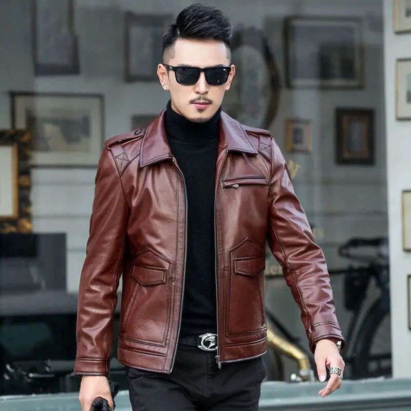 

2022 Spring Autumn Men New Fashion Leather Jacket Men Casual Slim Genuine Leather Coats Male Long Sleeve Outwear Clothes W29