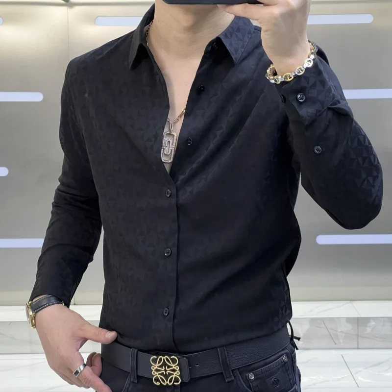 Spring New Men\'s High End Fashion Printed Long Sleeved Shirt Lapel Button Patchwork Business Casual Versatile Simple Trendy Top