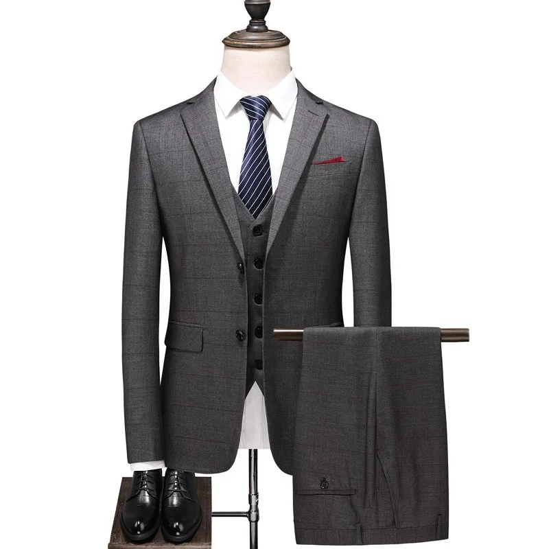 KIDWHXR Suit Outfit Man Simple Plaid Single-breasted Blazer Male V-neck Vest Straight-leg Pant Men Business Casual 3-piece Set