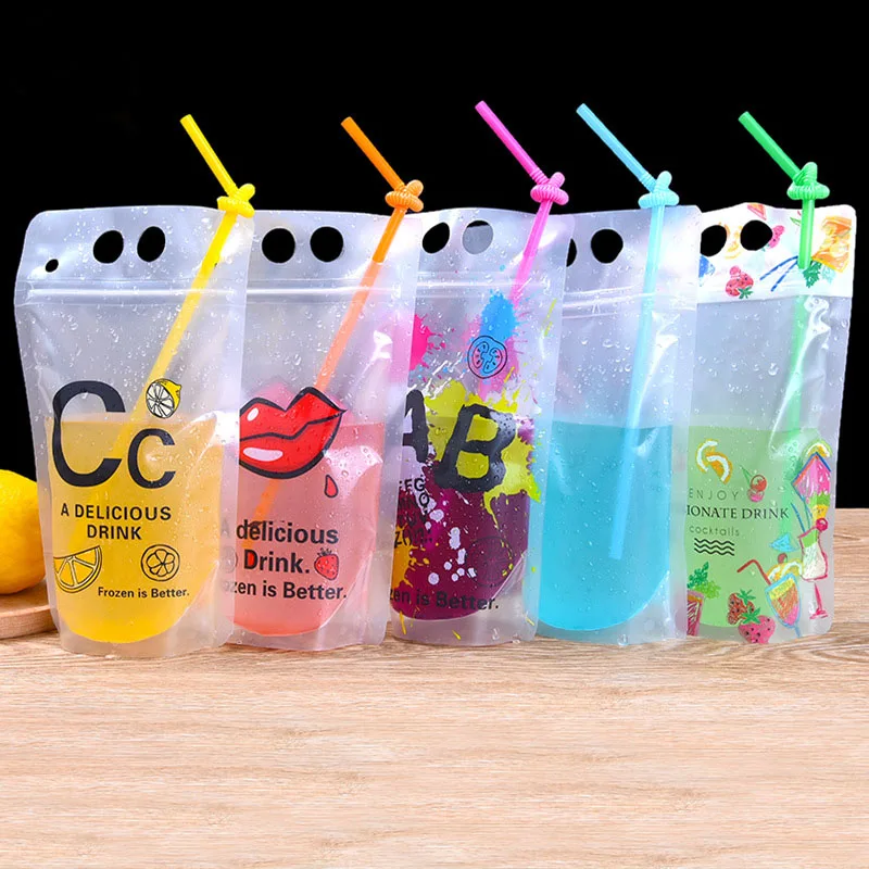 

1000Pcs/Lot 500ml New Design Plastic Drink Packaging Bag Pouch for Beverage Juice Milk Coffee, with Handle and Holes for Straw