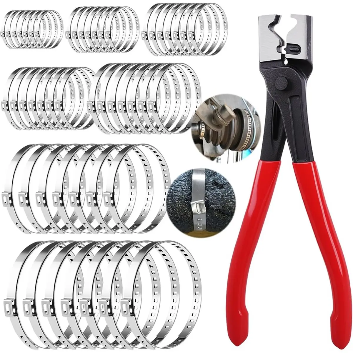2026 New 50 Pieces Stainless Steel CV Hose Clamps Set with Hose Clamp Pliers, 7 Sizes Adjustable Clamps Pipe Hose Clamp