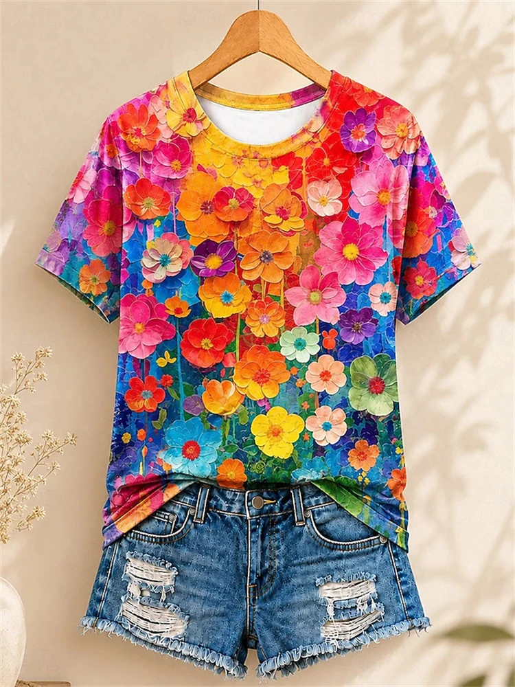 Women's New Spring Summer Casual Short-Sleeve Top Bright Floral Print Crew-Neck T-Shirt An Elegant and Stylish Top