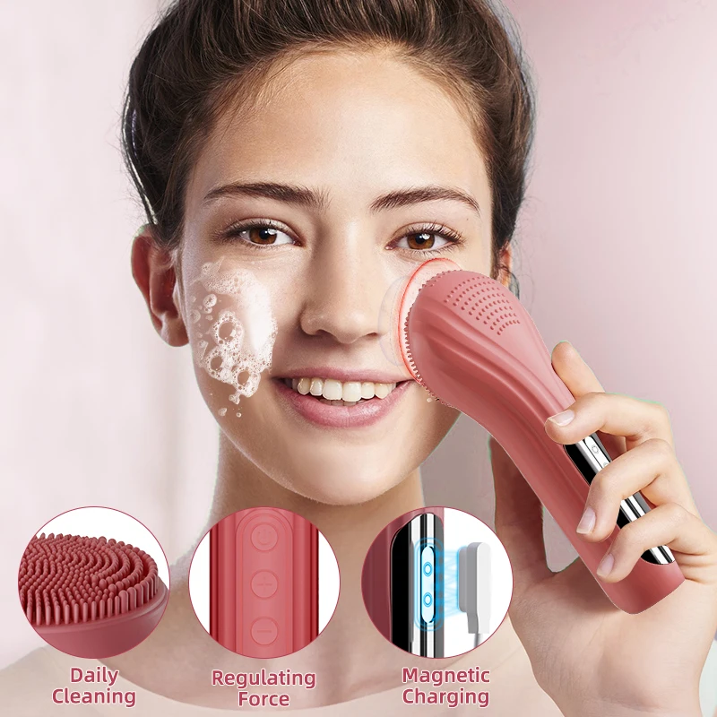 Rechargeable 4 Functional Areas Silicone Electric Facial Cleansing Brush with Heated Massage, Lithium Polymer Battery