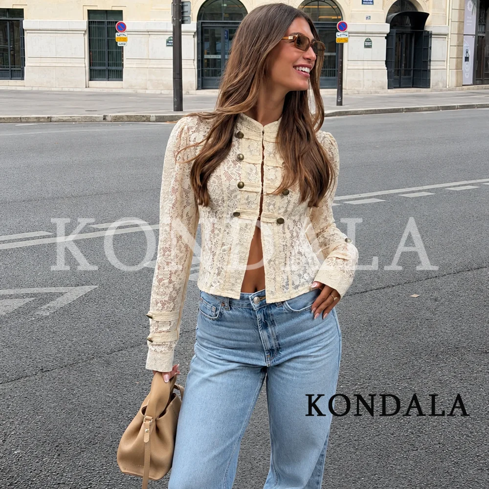 KONDALA Women Elegant Lace Jacket Street Vintage Chic Rope Buttons Slim Jacket 2026 Early Fall Trendy Dating Dinner Lady Jacket
