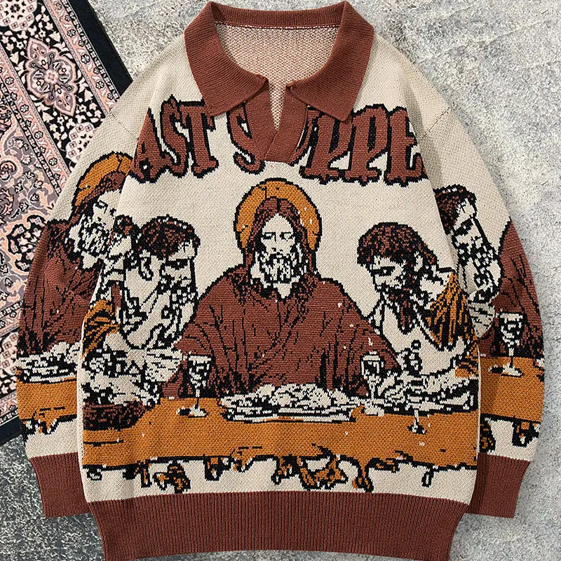 Men's Graffiti Graphic Knit Sweater for Early Autumn, Trendy Brand Couple Matching Knitwear for Men