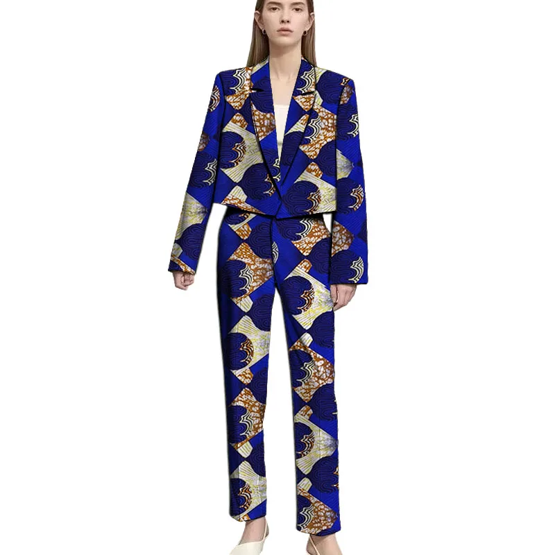 African Print Couture Women's Casual Suit Short Blazers With Pants Female Ankara Outfit Set Tailored