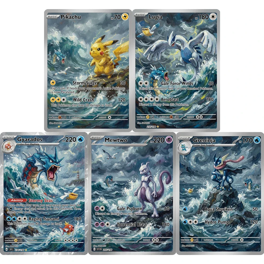 5Pcs PKM Cards PTCG Sea Wave Style Lugia Gyarados Mewtwo Greninja Full Art Illustration Display Collection Cards PTCG Gift