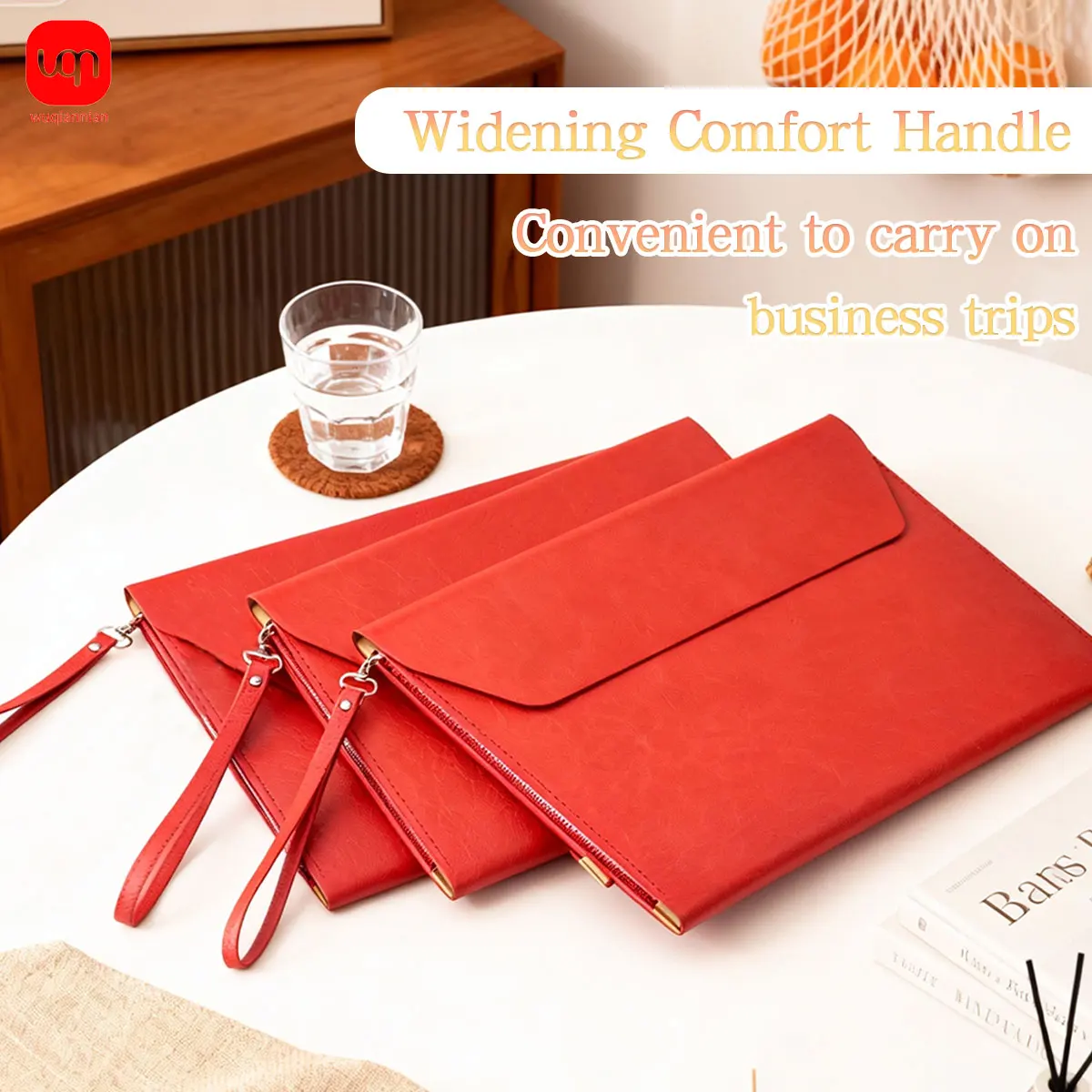 Red PU Leather Folder Large Capacity Handheld Document Bag Envelope Business Office Paper Organizer Waterproof Supplies