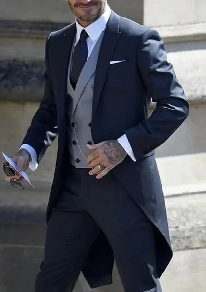 Italian gentleman Wedding Man Long tail coat Groom Prom Tuxedos Formal Mens Suits terno masculino (Jacket+Pants+Vest)