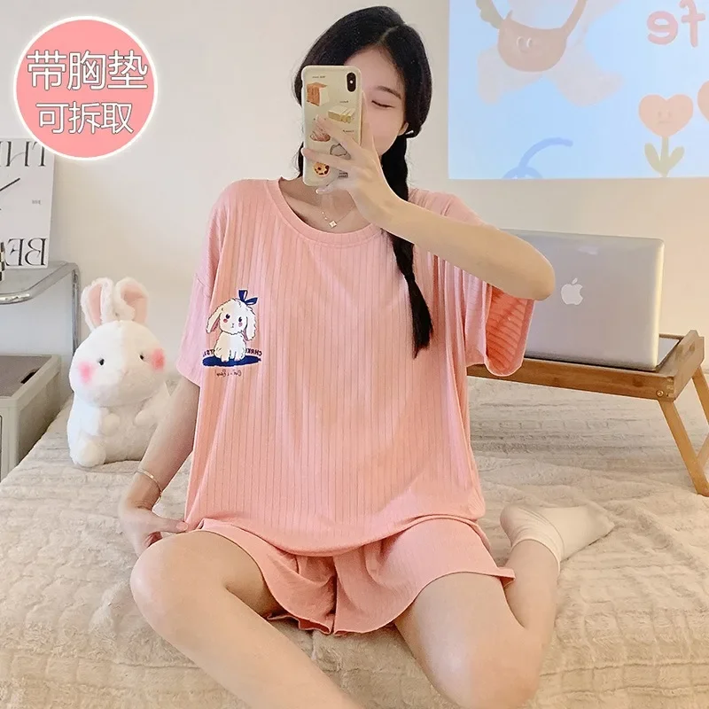 Women's Summer Large Size Pajamas Short Sleeve Shorts  Pant Homewear With Chest Pad Cute Cartoon Loose Loungewear Two Pieces Set