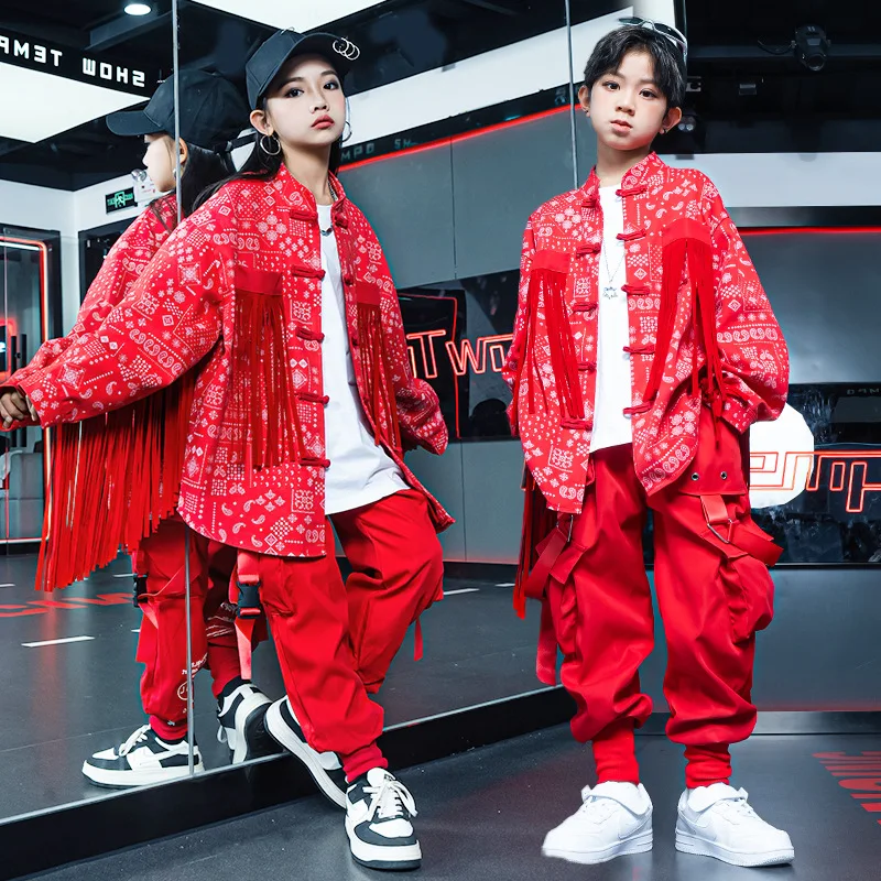 Kid Cool Chinese Hip Hop Clothing Red Fringe Geometry Print Shirt Casual Cargo Jogger Pants for Girl Boy Dance Costume Clothes