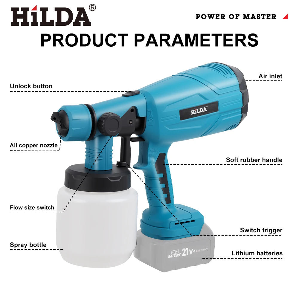 HILDA Electric Spray Gun Compatible Automatical Cordless Paint Sprayer Tool Portable Household Spray Gun For Makita 18V Battery