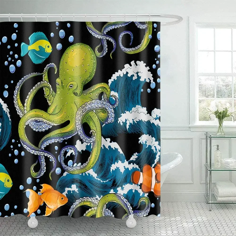 Funny Octopus Wave Tentacles Big Great Spray Sea Wildlife Monster Ocean Squid Kraken Bubbles Boho Cartoon Fish Bathroom Decor