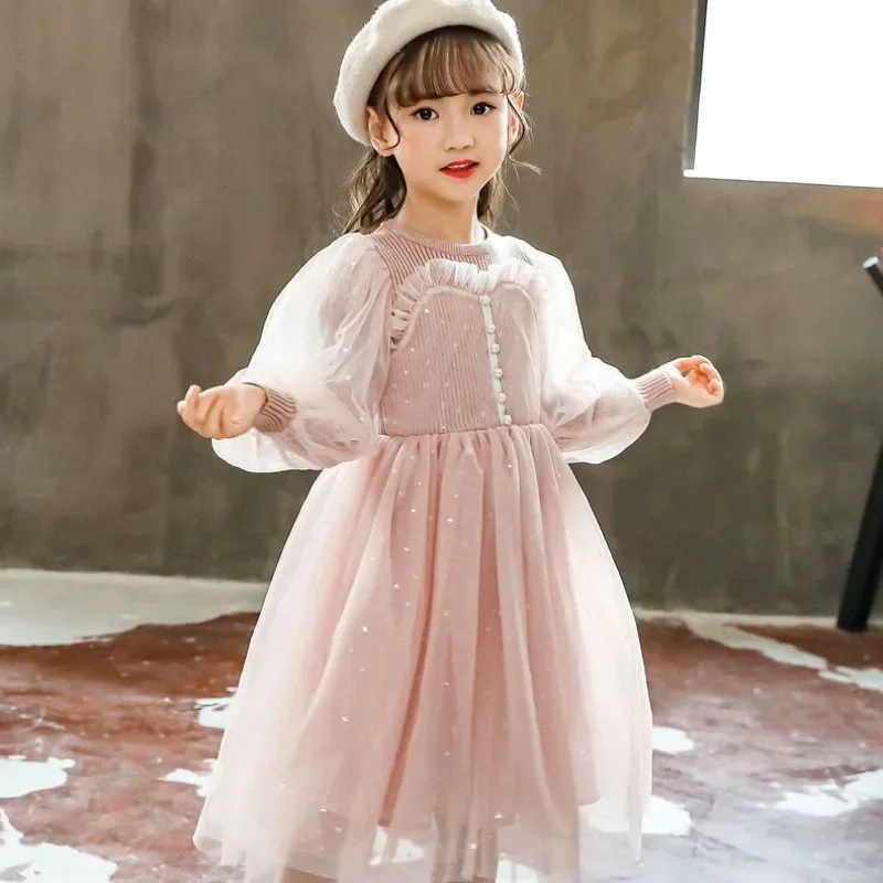 2025 New Girls Autumn Winter Cinderella Style Princess Dress Thick Knit Lace Skirt for Kids Little Girls Winter Party Wear 4